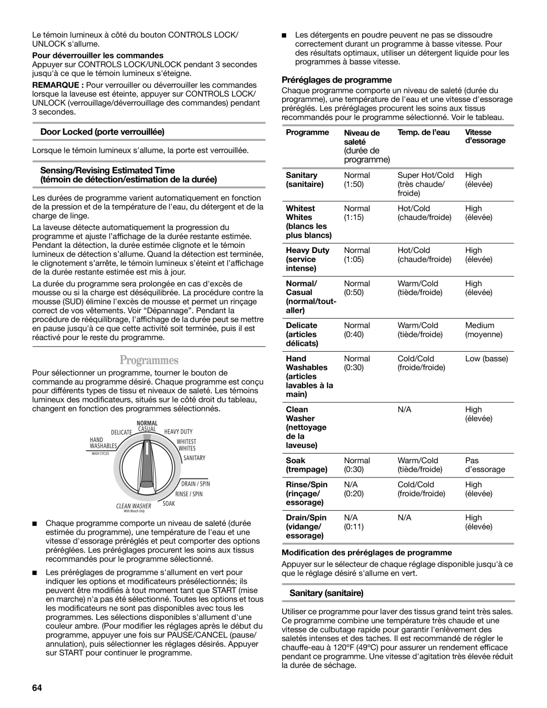 Whirlpool Front Loading Automatic Washer manual Programmes, Door Locked porte verrouillée, Préréglages de programme 