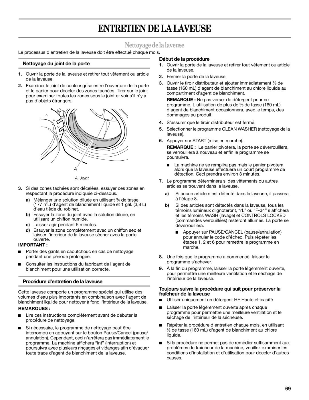 Whirlpool Front Loading Automatic Washer Entretien DE LA Laveuse, Nettoyage de la laveuse, Nettoyage du joint de la porte 