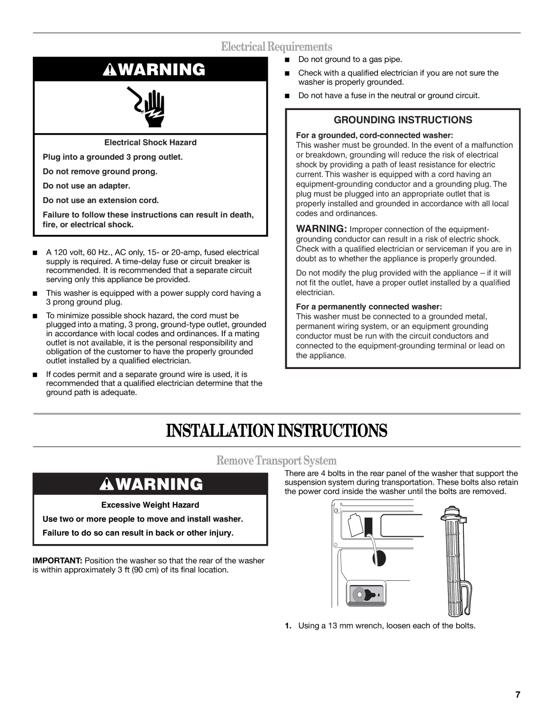 Whirlpool Front Loading Automatic Washer manual Installation Instructions, Electrical Requirements, Remove Transport System 