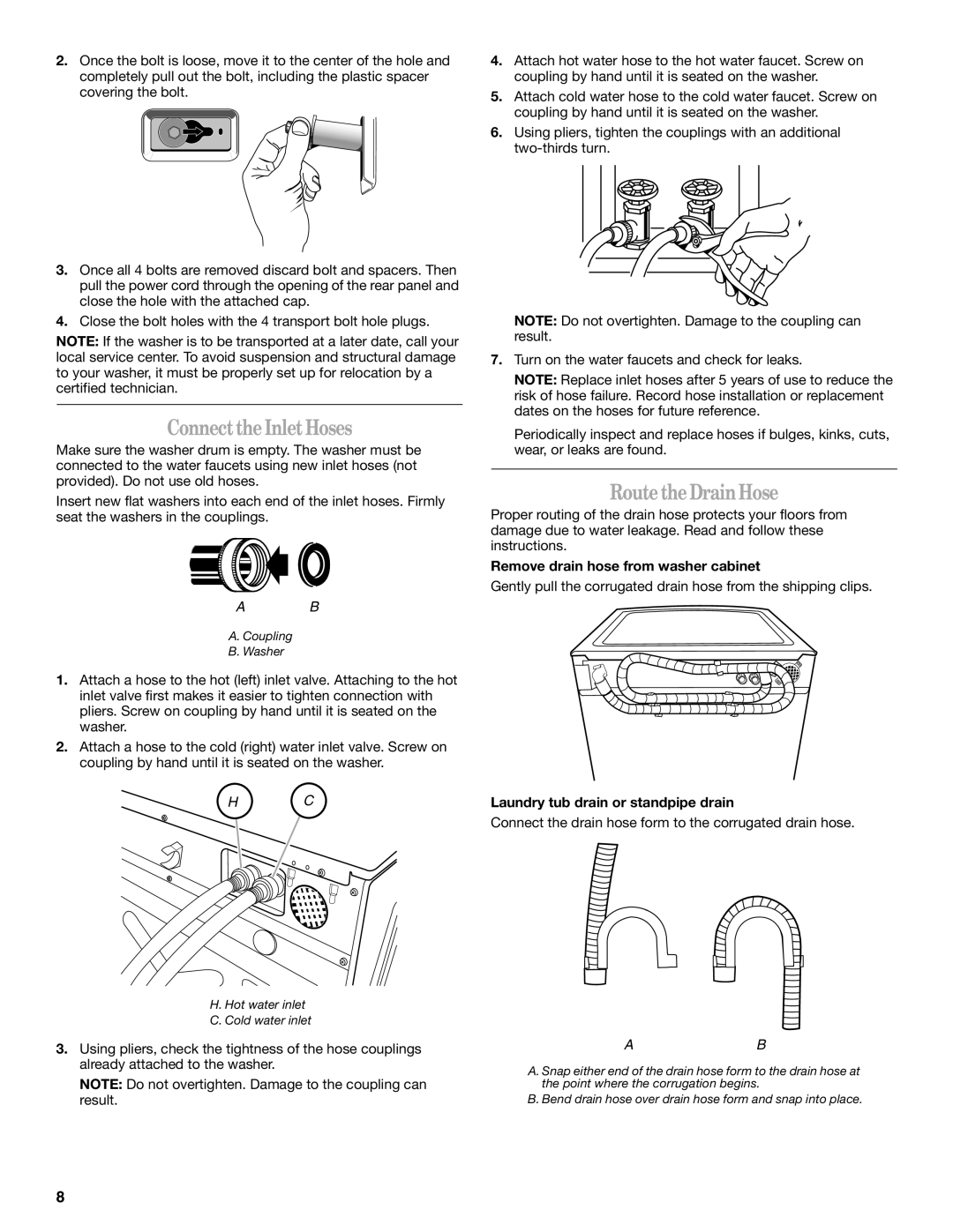 Whirlpool Front Loading Automatic Washer manual Connect the Inlet Hoses, Route the Drain Hose 