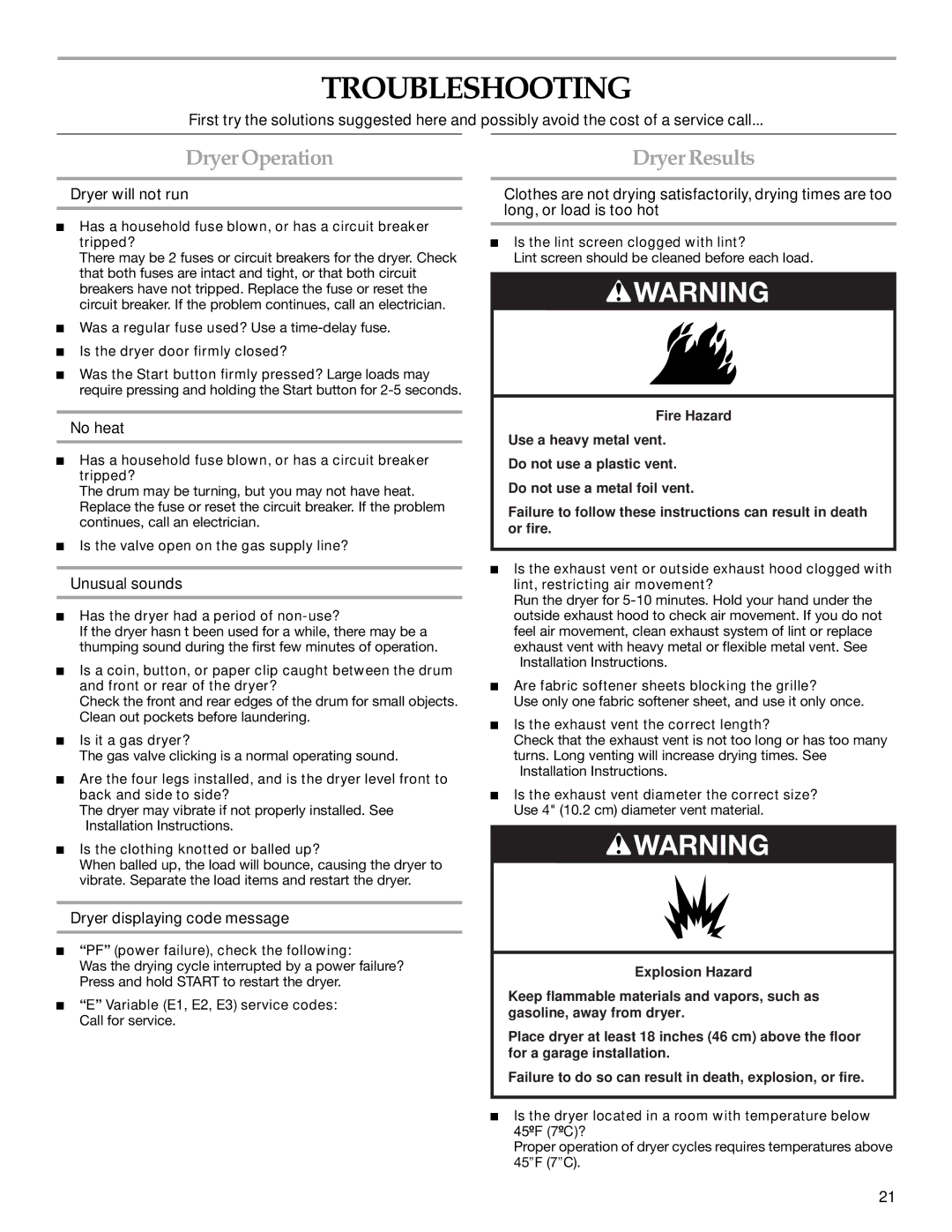 Whirlpool FRONT-LOADING GAS DRYER manual Troubleshooting, Dryer Operation 