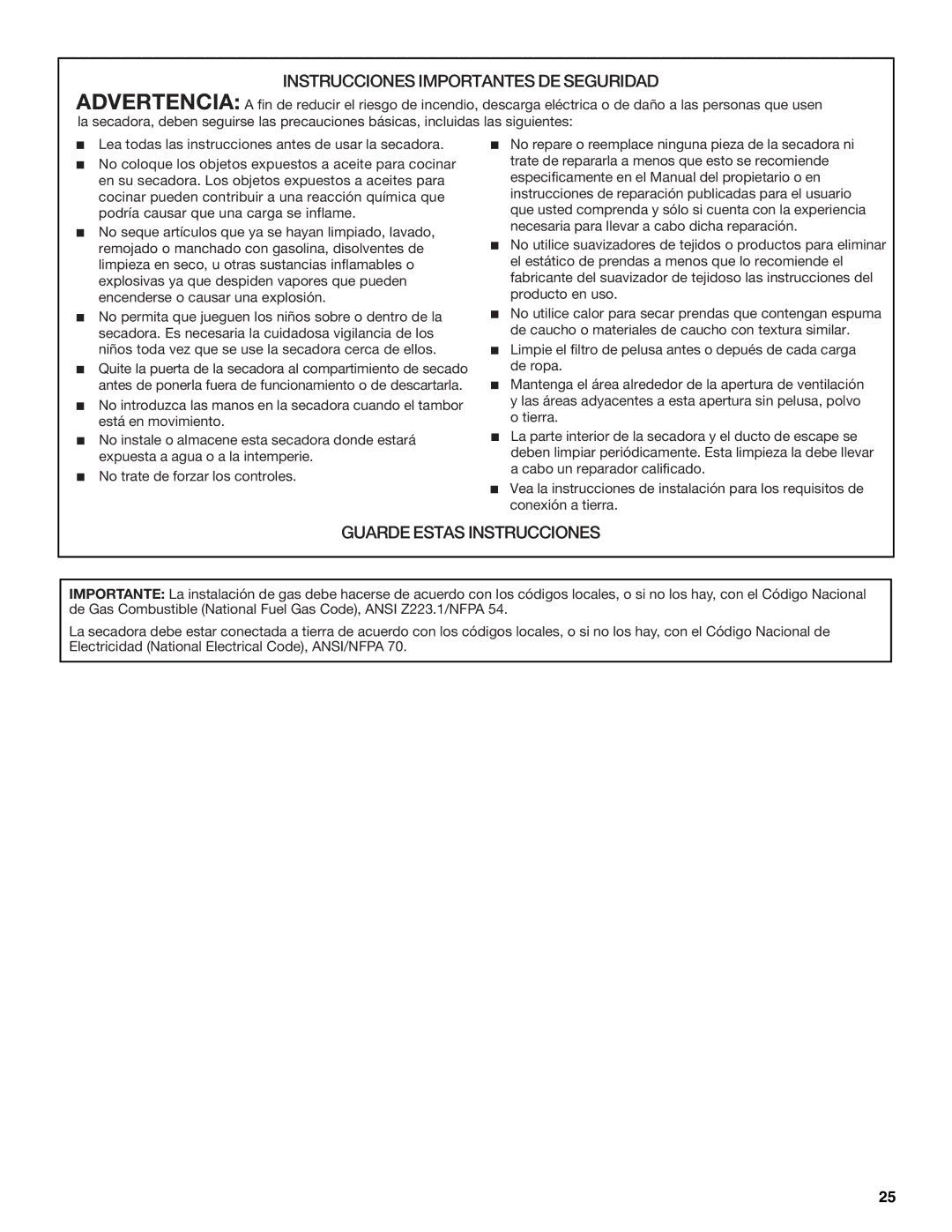 Whirlpool FRONT-LOADING GAS DRYER manual Instrucciones Importantes DE Seguridad 