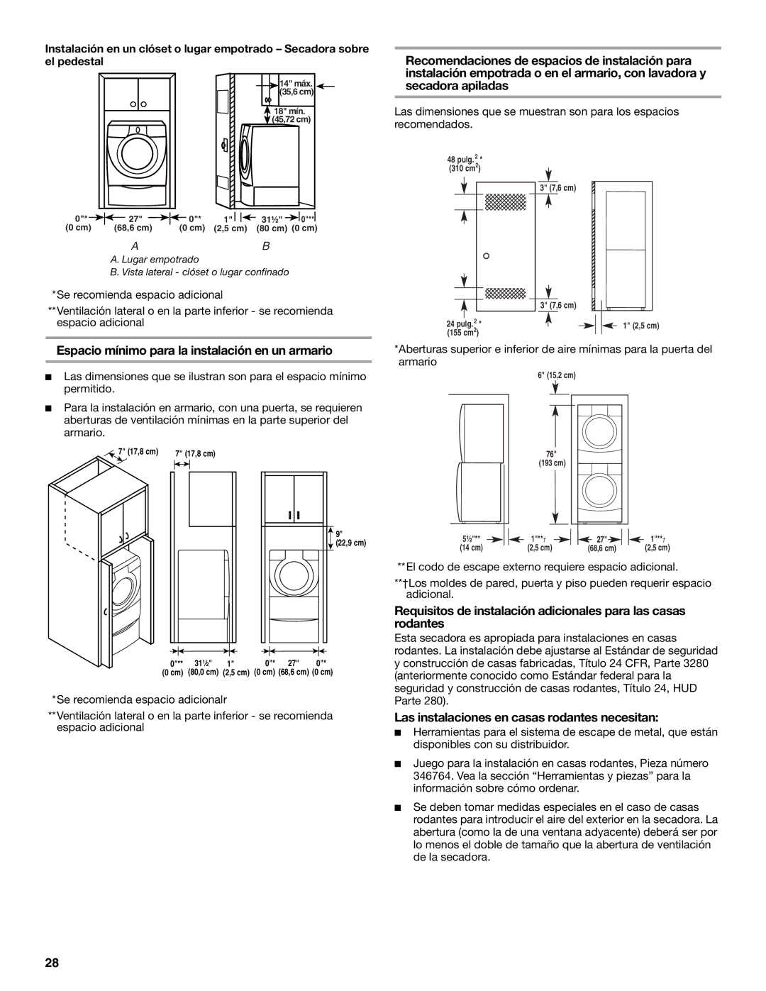 Whirlpool FRONT-LOADING GAS DRYER manual Espacio mínimo para la instalación en un armario 