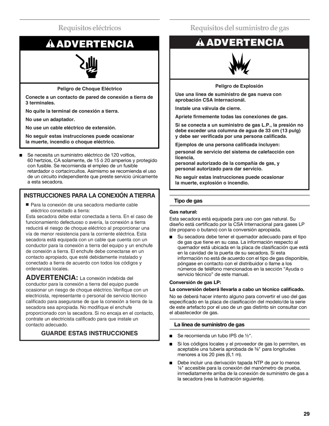 Whirlpool FRONT-LOADING GAS DRYER manual Requisitoseléctricos, Requisitosdel suministro de gas, Tipo de gas, Gas natural 