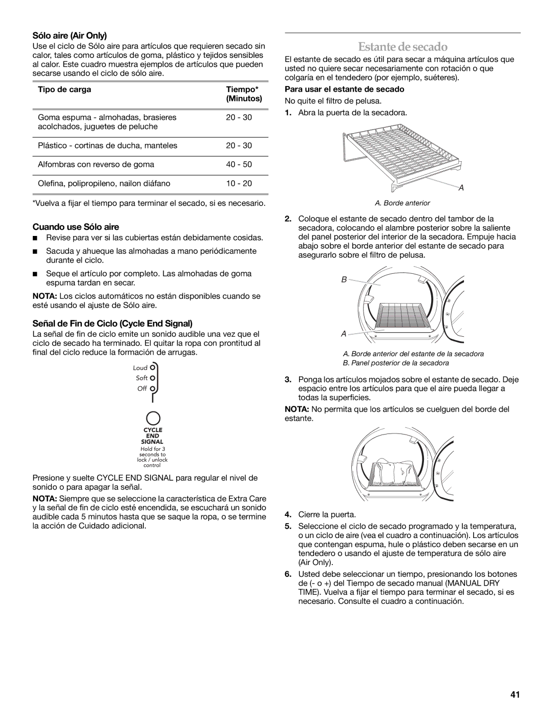 Whirlpool FRONT-LOADING GAS DRYER manual Estante de secado, Sólo aire Air Only, Cuando use Sólo aire 