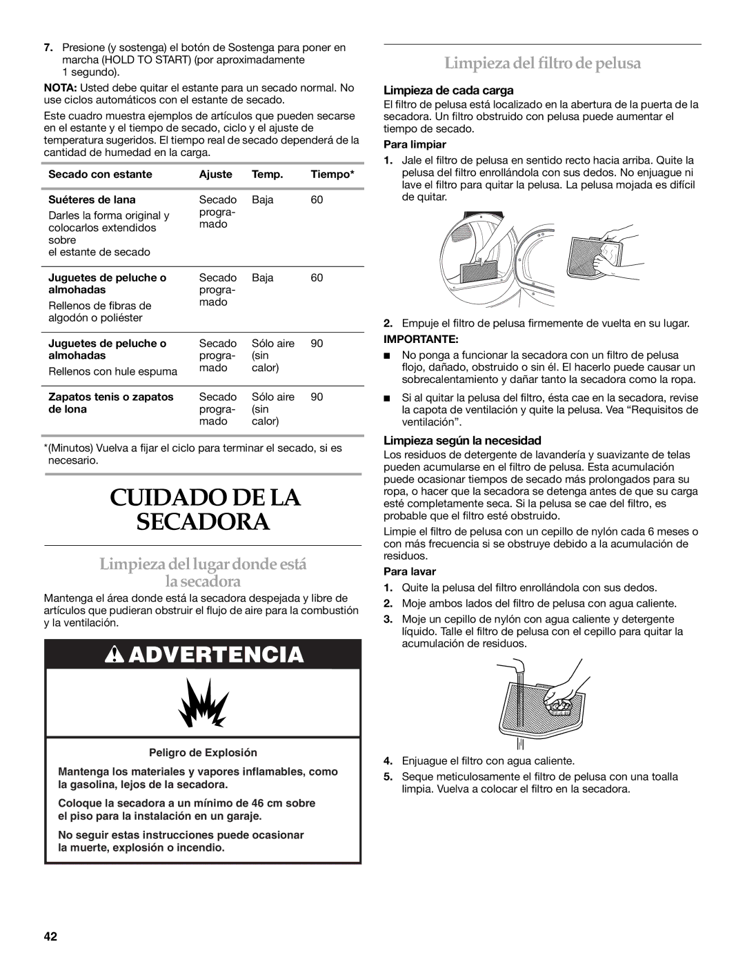 Whirlpool FRONT-LOADING GAS DRYER Cuidado DE LA Secadora, Limpieza dellugar donde está La secadora, Limpieza de cada carga 