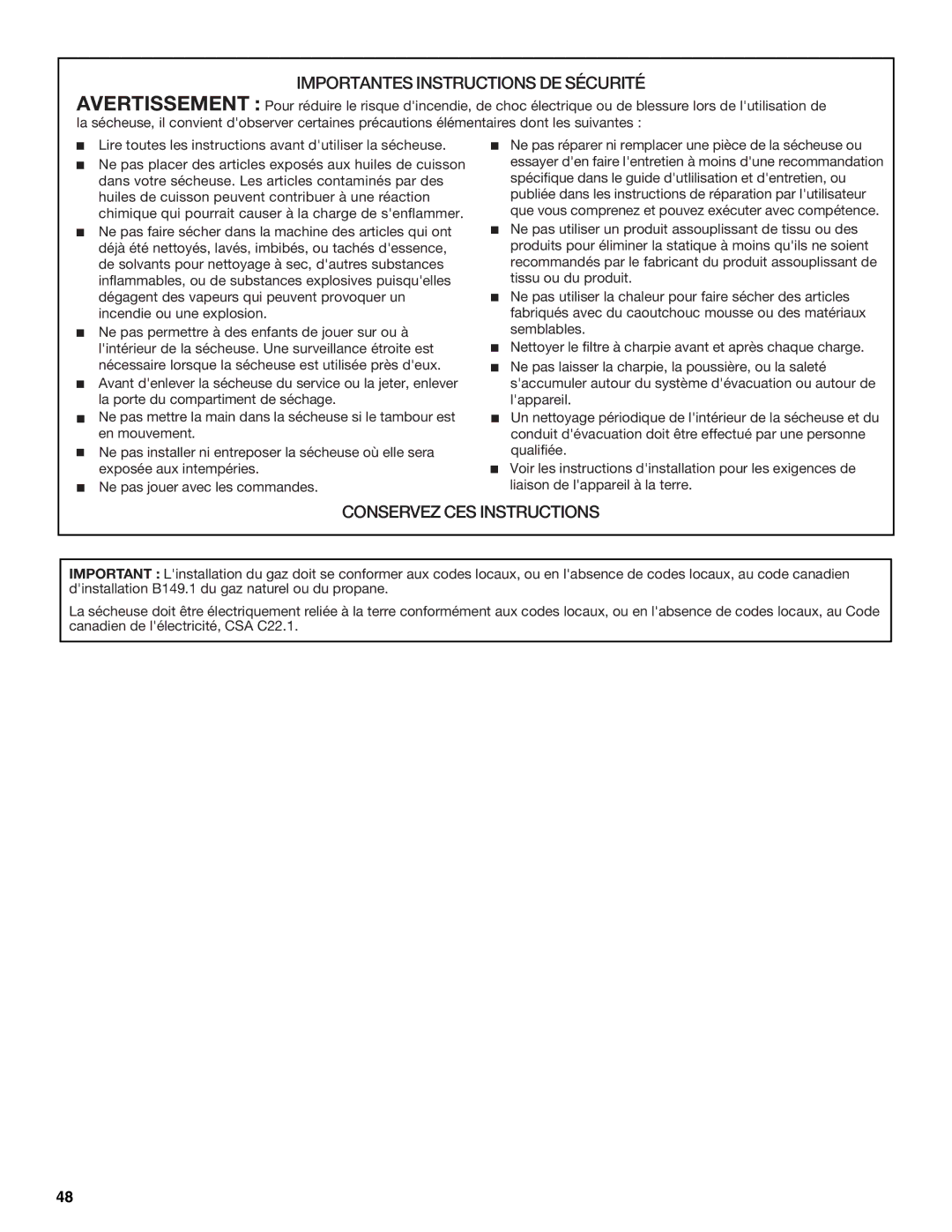 Whirlpool FRONT-LOADING GAS DRYER manual Importantes Instructions DE Sécurité 