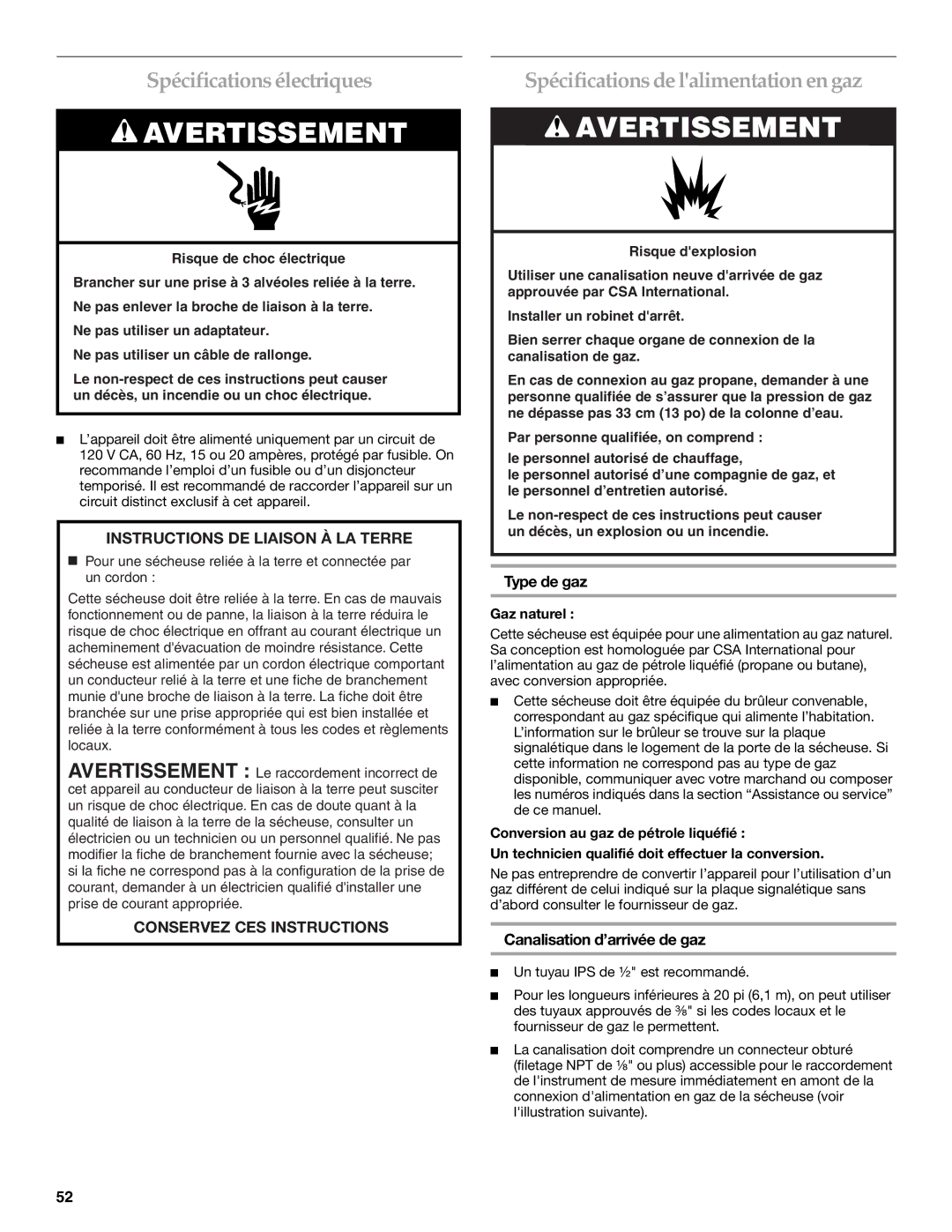 Whirlpool FRONT-LOADING GAS DRYER manual Spécifications électriques, Spécifications de lalimentation en gaz, Type de gaz 