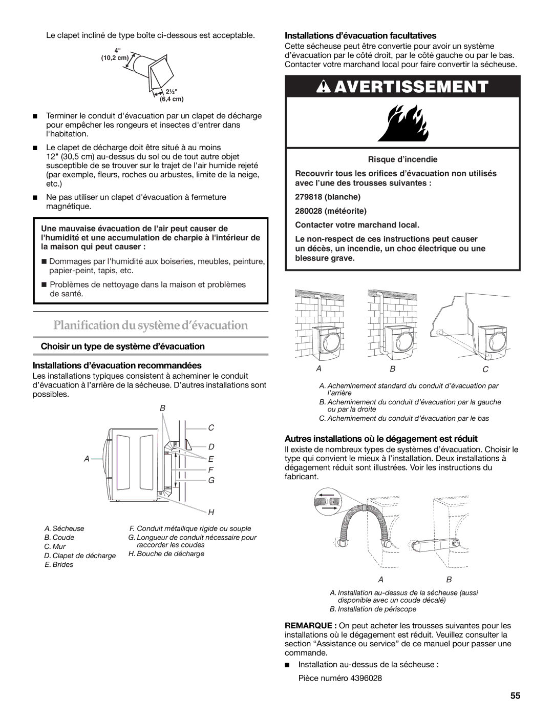 Whirlpool FRONT-LOADING GAS DRYER manual Planification du système d’évacuation, Installations d’évacuation facultatives 