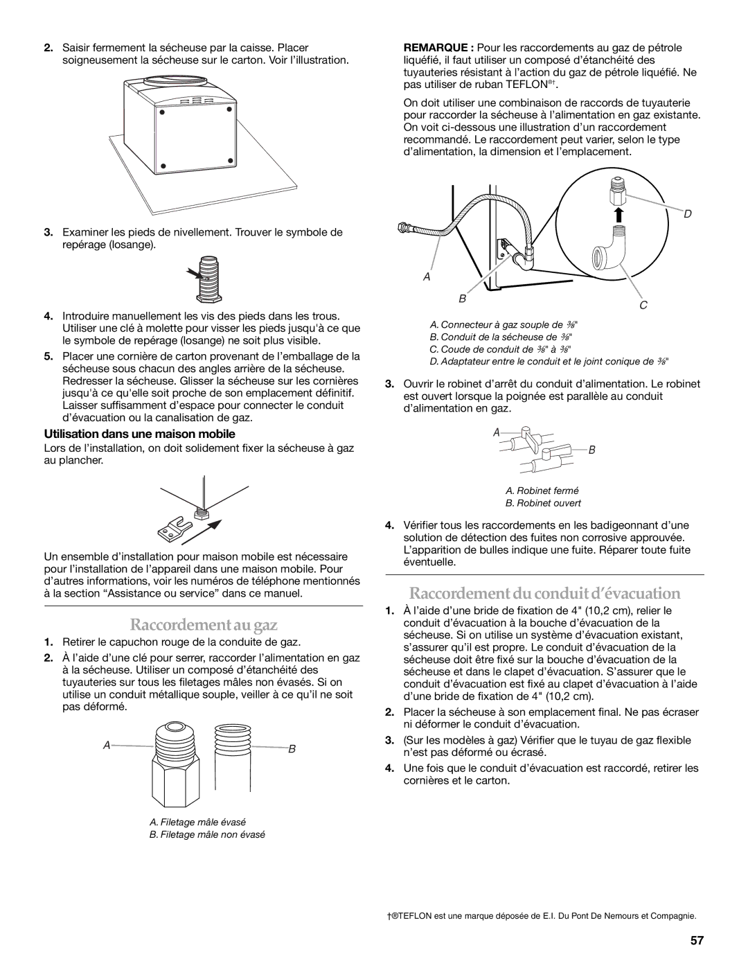 Whirlpool FRONT-LOADING GAS DRYER manual Raccordementau gaz, Raccordement du conduitd’évacuation 