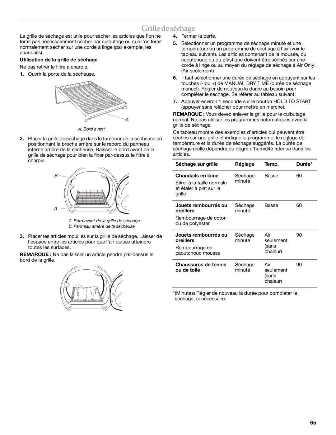 Whirlpool FRONT-LOADING GAS DRYER manual Grille de séchage 