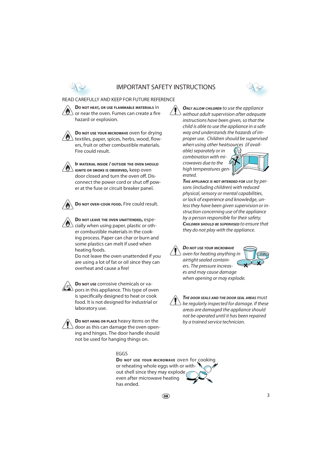 Whirlpool FT 337 manual Important Safety Instructions, Read Carefully and Keep for Future Reference, Eggs 