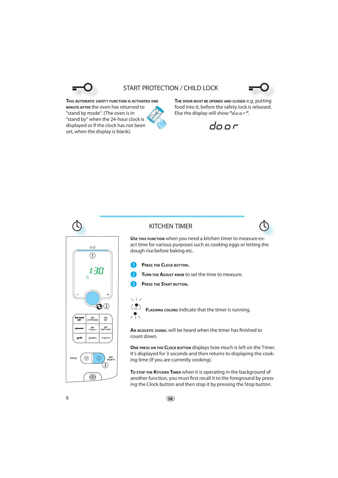 Whirlpool FT 337 manual Start Protection / Child Lock, Kitchen Timer, Turn the Adjust Knob to set the time to measure 