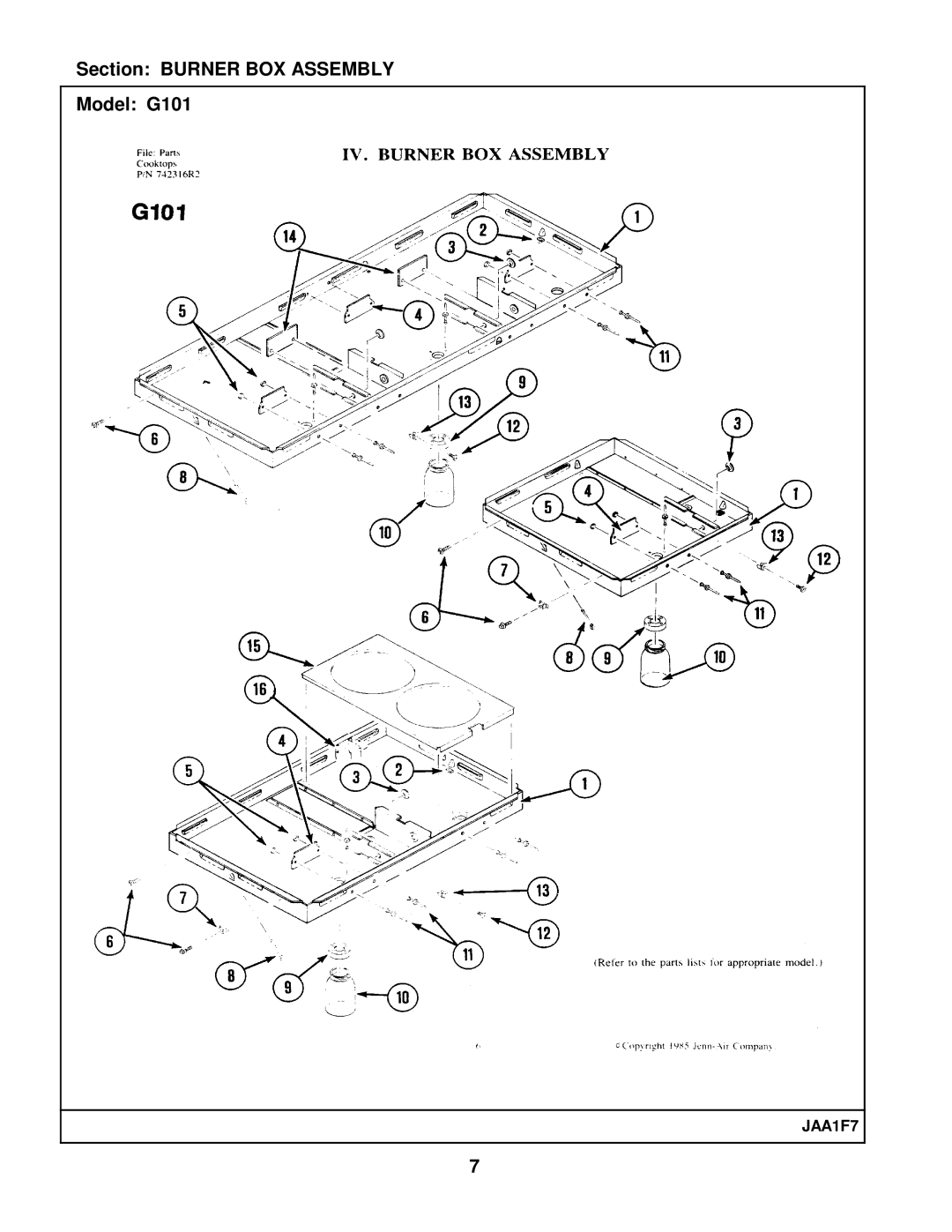 Whirlpool manual Section Burner BOX Assembly Model G101 