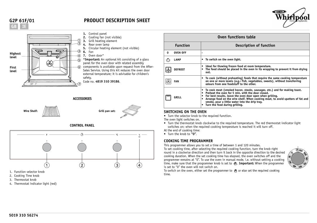 Whirlpool G2P 61F/01 manual Function Description of function, Switching on the Oven, Cooking Time Programmer, 5019 310 