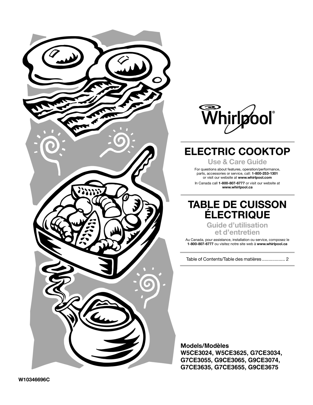 Whirlpool G7CE3034XB, G7CE3034XP, G7CE3055XS, G7CE3635XB manual Electric Cooktop, Table DE Cuisson Électrique, W10346696C 