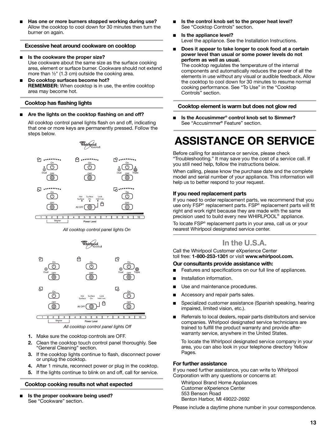 Whirlpool G7CE3034XB, G7CE3034XP, G7CE3055XS, G7CE3635XB, W5CE3625AB, W5CE3024XB manual Assistance or Service, U.S.A 