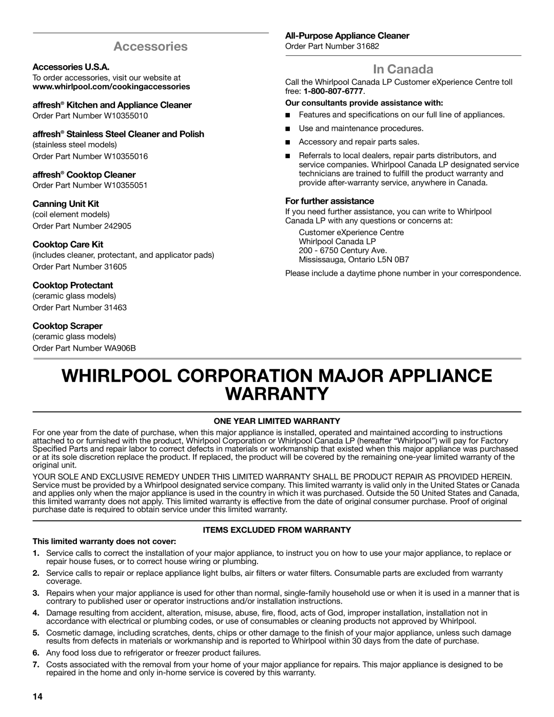 Whirlpool G7CE3055XS, G7CE3034XP, G7CE3034XB, G7CE3635XB Whirlpool Corporation Major Appliance Warranty, Accessories, Canada 