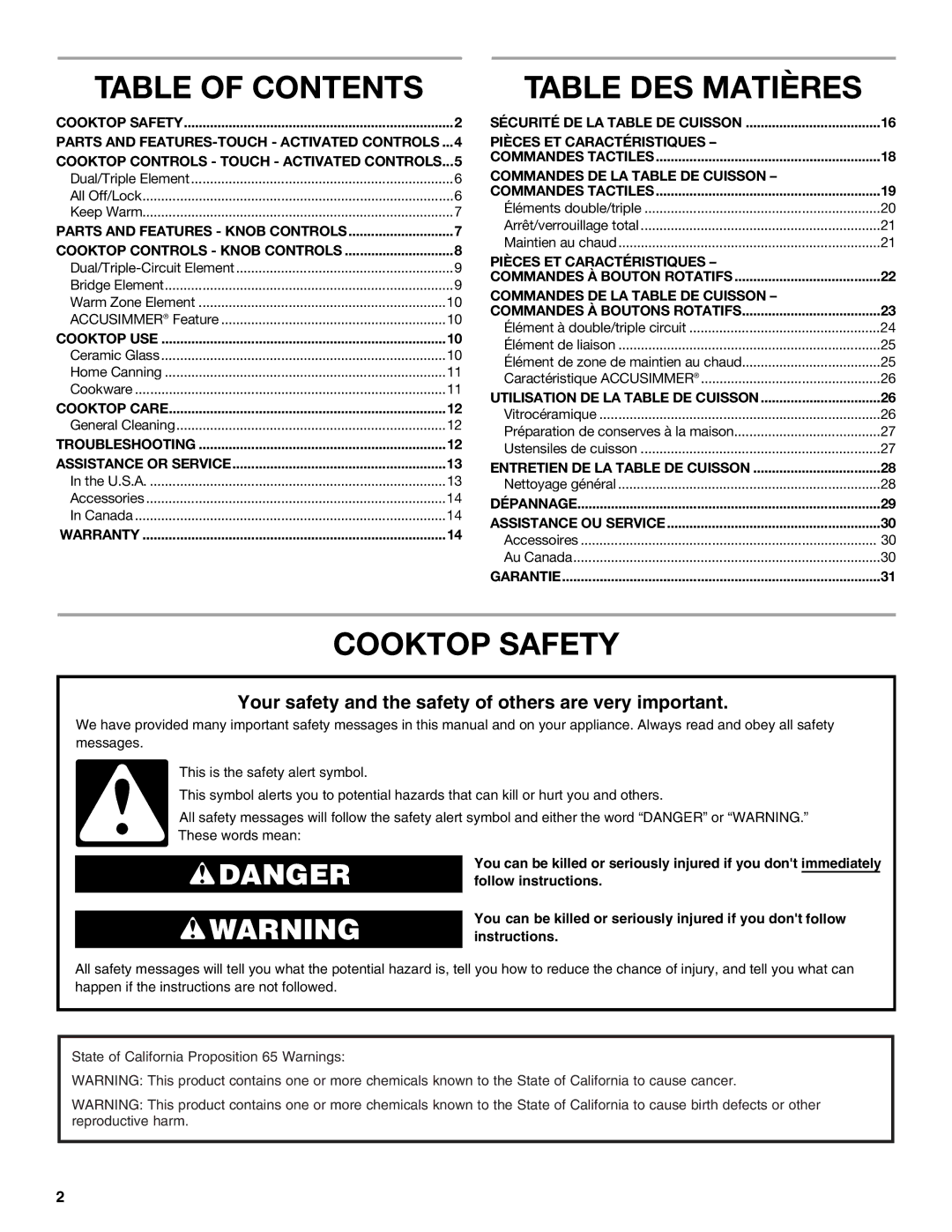 Whirlpool G7CE3055XS, G7CE3034XP, G7CE3034XB, G7CE3635XB, W5CE3625AB Table of Contents, Table DES Matières, Cooktop Safety 