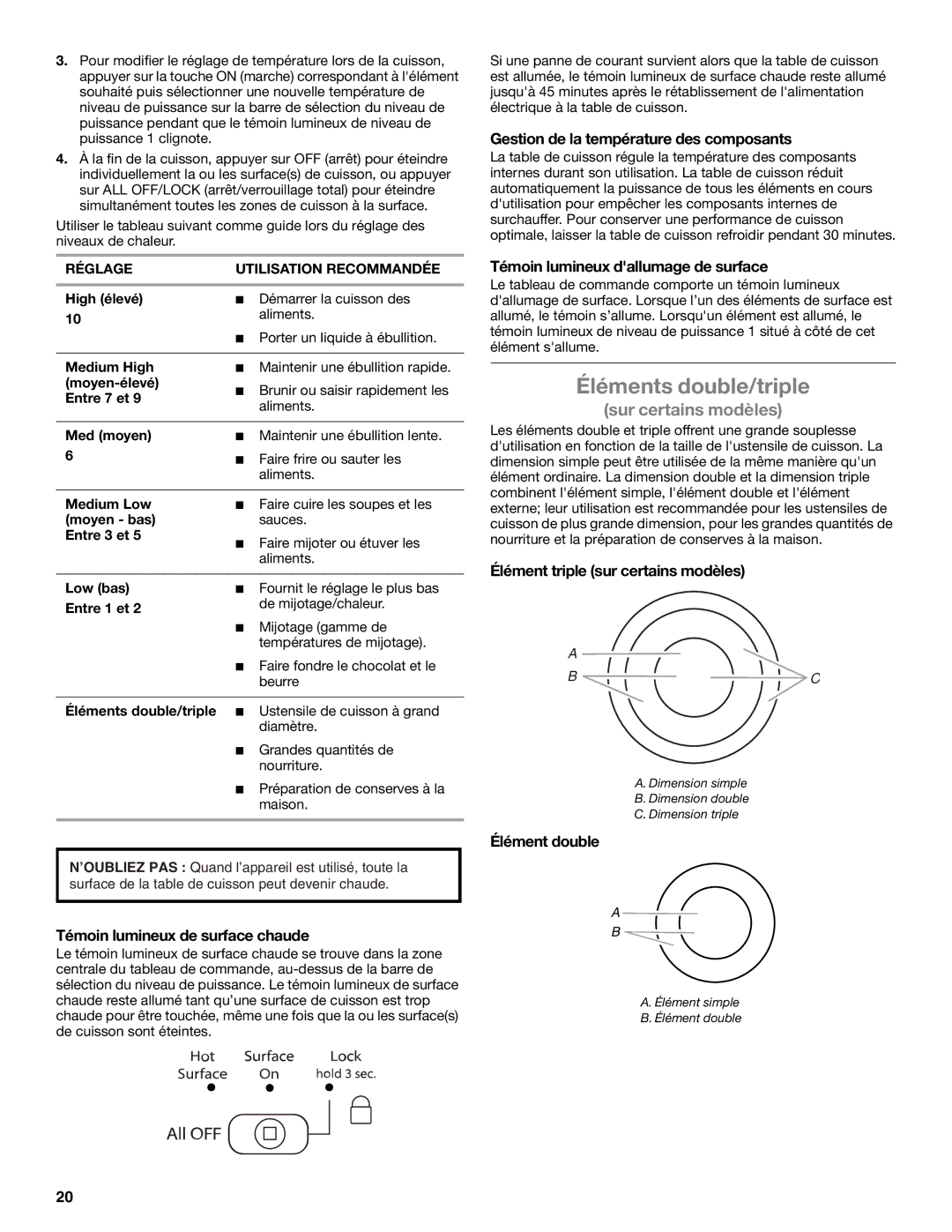 Whirlpool G7CE3055XS, G7CE3034XP, G7CE3034XB, G7CE3635XB, W5CE3625AB, W5CE3024XB manual Éléments double/triple 