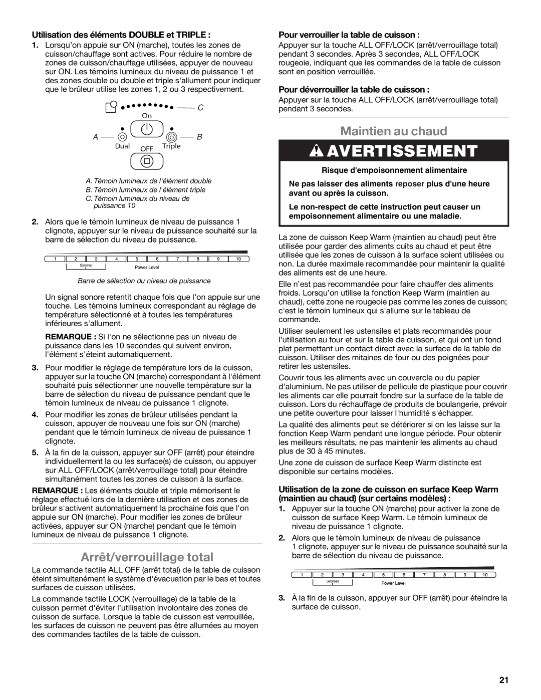 Whirlpool G7CE3635XB, G7CE3034XP Arrêt/verrouillage total, Maintien au chaud, Utilisation des éléments Double et Triple 