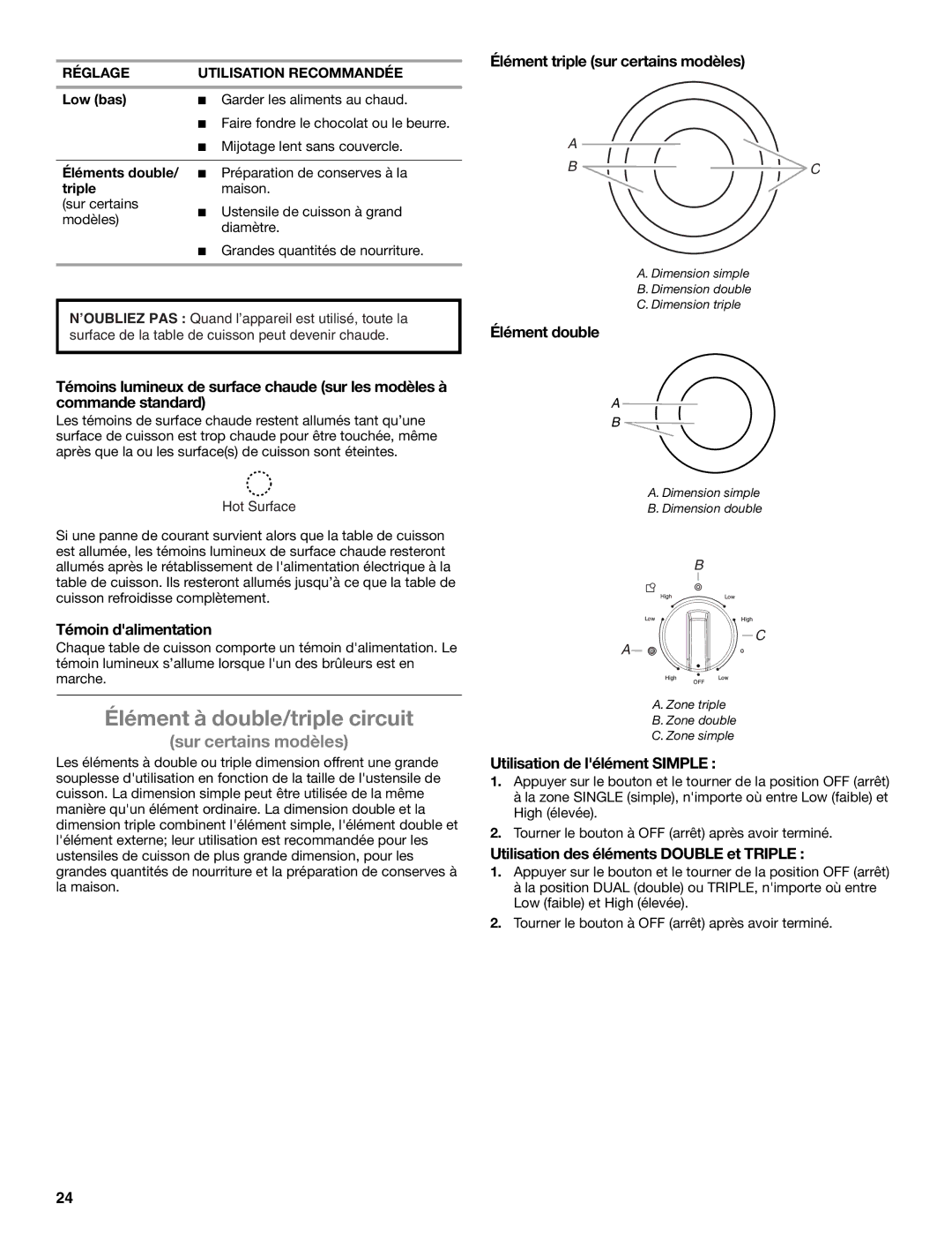 Whirlpool G7CE3034XP manual Élément à double/triple circuit, Témoin dalimentation, Utilisation de lélément Simple, Triple 