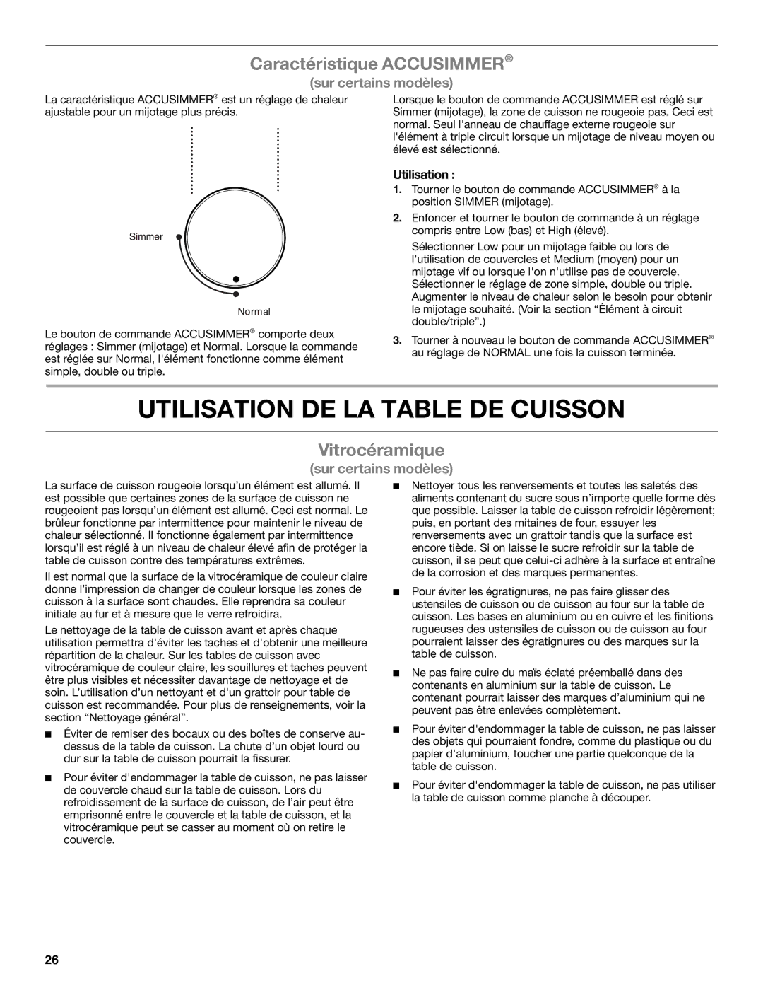 Whirlpool G7CE3055XS, G7CE3034XP, G7CE3034XB Utilisation DE LA Table DE Cuisson, Caractéristique Accusimmer, Vitrocéramique 