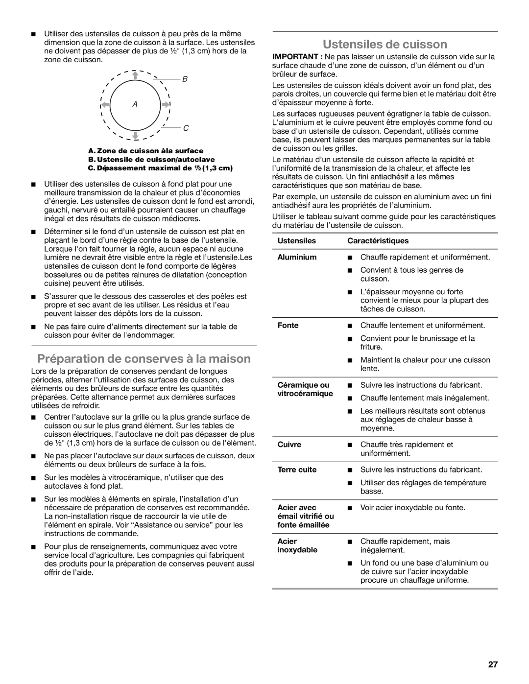 Whirlpool G7CE3635XB, G7CE3034XP, G7CE3034XB, G7CE3055XS manual Préparation de conserves à la maison, Ustensiles de cuisson 