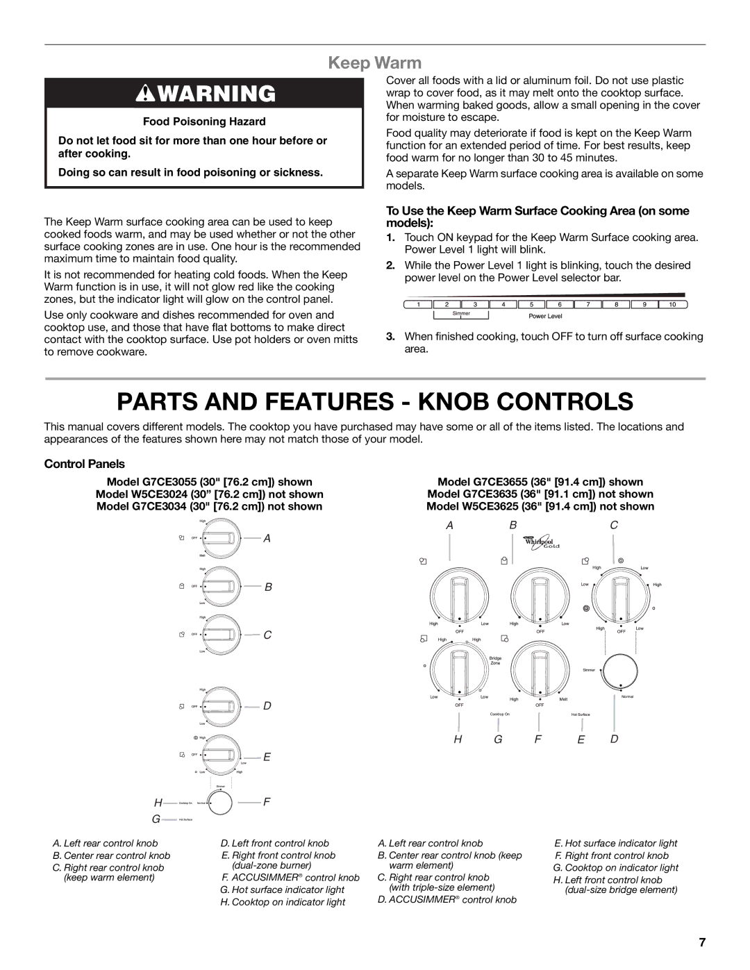 Whirlpool G7CE3034XB manual Parts and Features Knob Controls, To Use the Keep Warm Surface Cooking Area on some models 