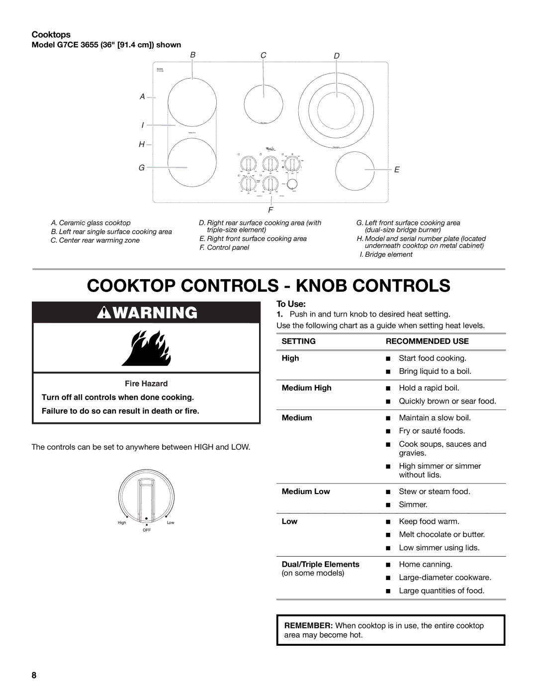 Whirlpool G7CE3055XS, G7CE3034XP, G7CE3034XB, G7CE3635XB, W5CE3625AB, W5CE3024XB manual Cooktop Controls Knob Controls, Cooktops 