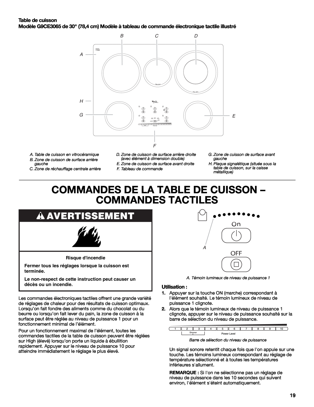 Whirlpool G7CE3034XB Commandes De La Table De Cuisson Commandes Tactiles, Avertissement, Table de cuisson, Utilisation 