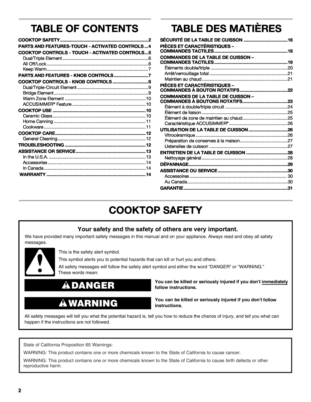 Whirlpool G7CE3055XS, G7CE3034XP, G7CE3034XB, G7CE3635XB manual Table Of Contents, Table Des Matières, Cooktop Safety, Danger 