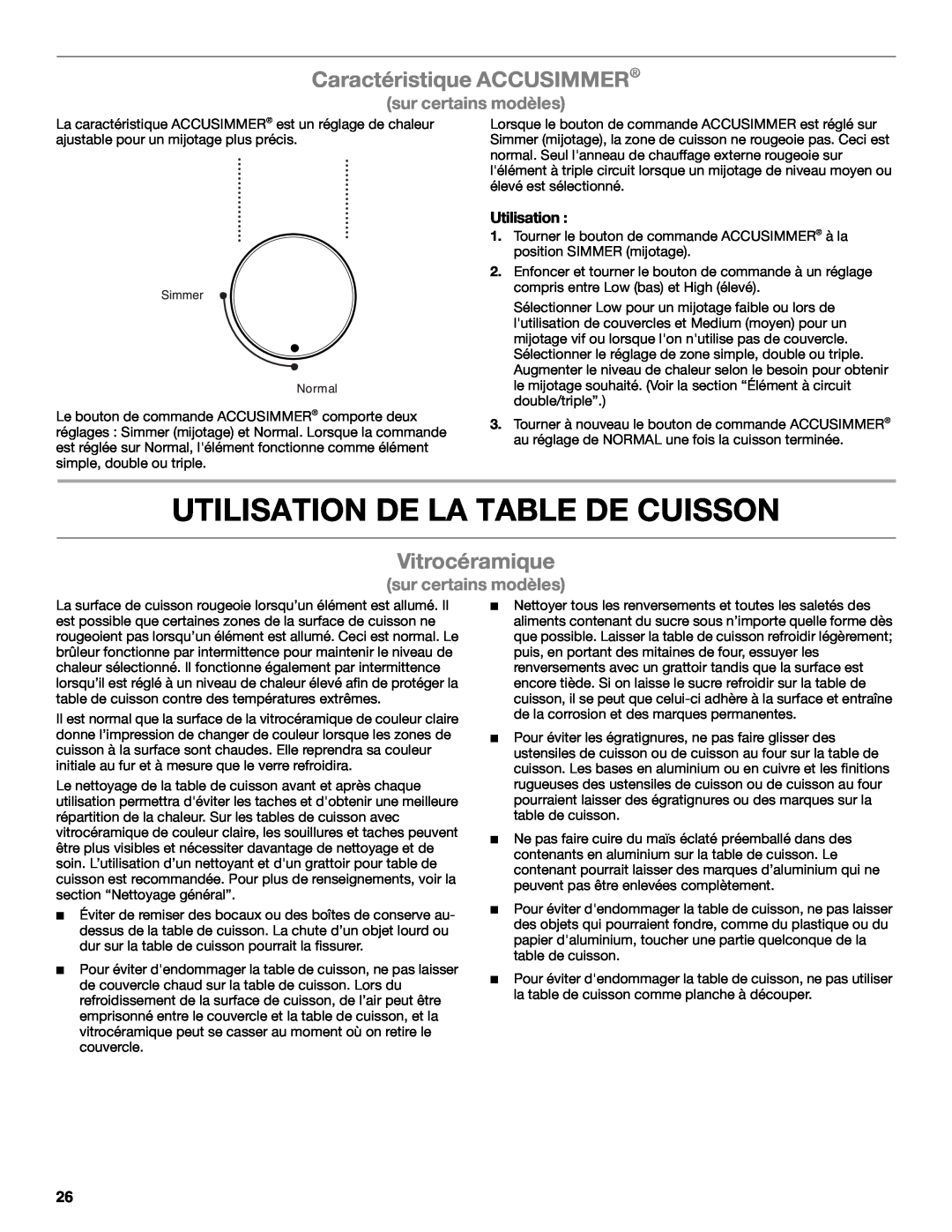 Whirlpool G7CE3055XS Utilisation De La Table De Cuisson, Caractéristique ACCUSIMMER, Vitrocéramique, sur certains modèles 