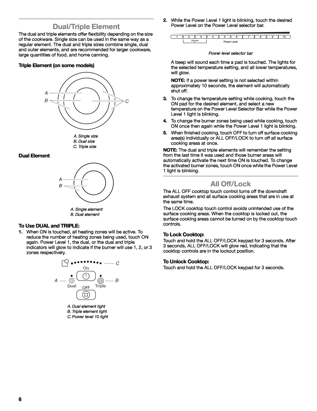 Whirlpool G7CE3034XP manual Dual/Triple Element, All Off/Lock, Triple Element on some models, Dual Element, To Lock Cooktop 
