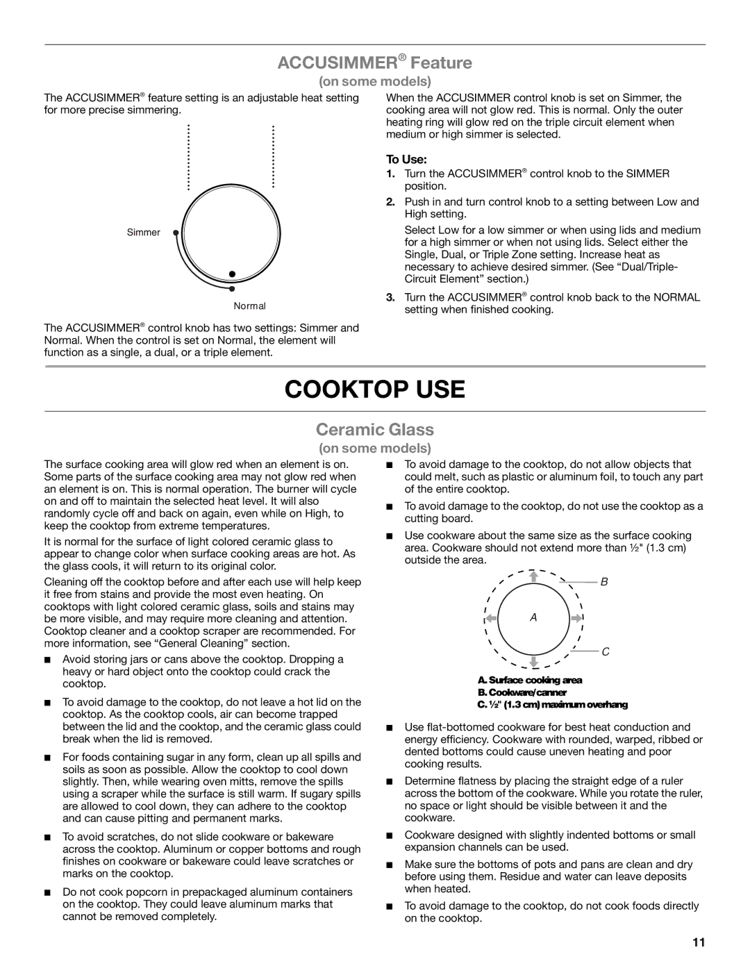 Whirlpool G7CE3034XB, G7CE3034XS, G7CE3034XP, G7CE3635XS, G9CE3675XS manual Cooktop USE, Accusimmer Feature, Ceramic Glass 