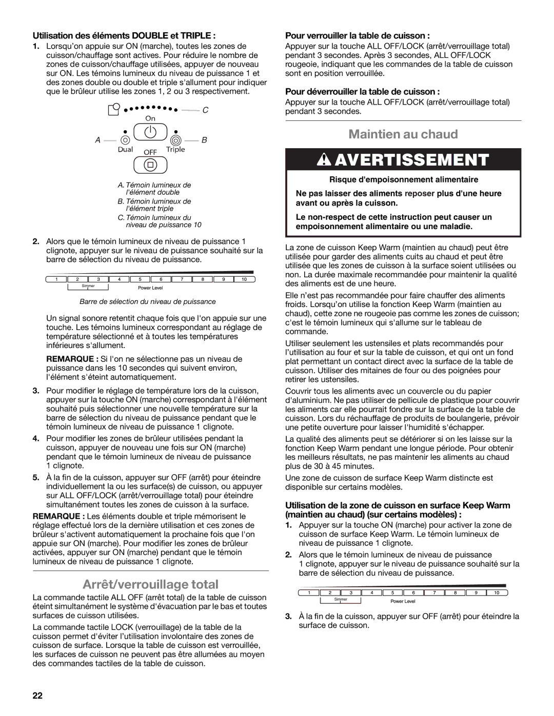 Whirlpool G7CE3034XC, G7CE3034XS Arrêt/verrouillage total, Maintien au chaud, Utilisation des éléments Double et Triple 