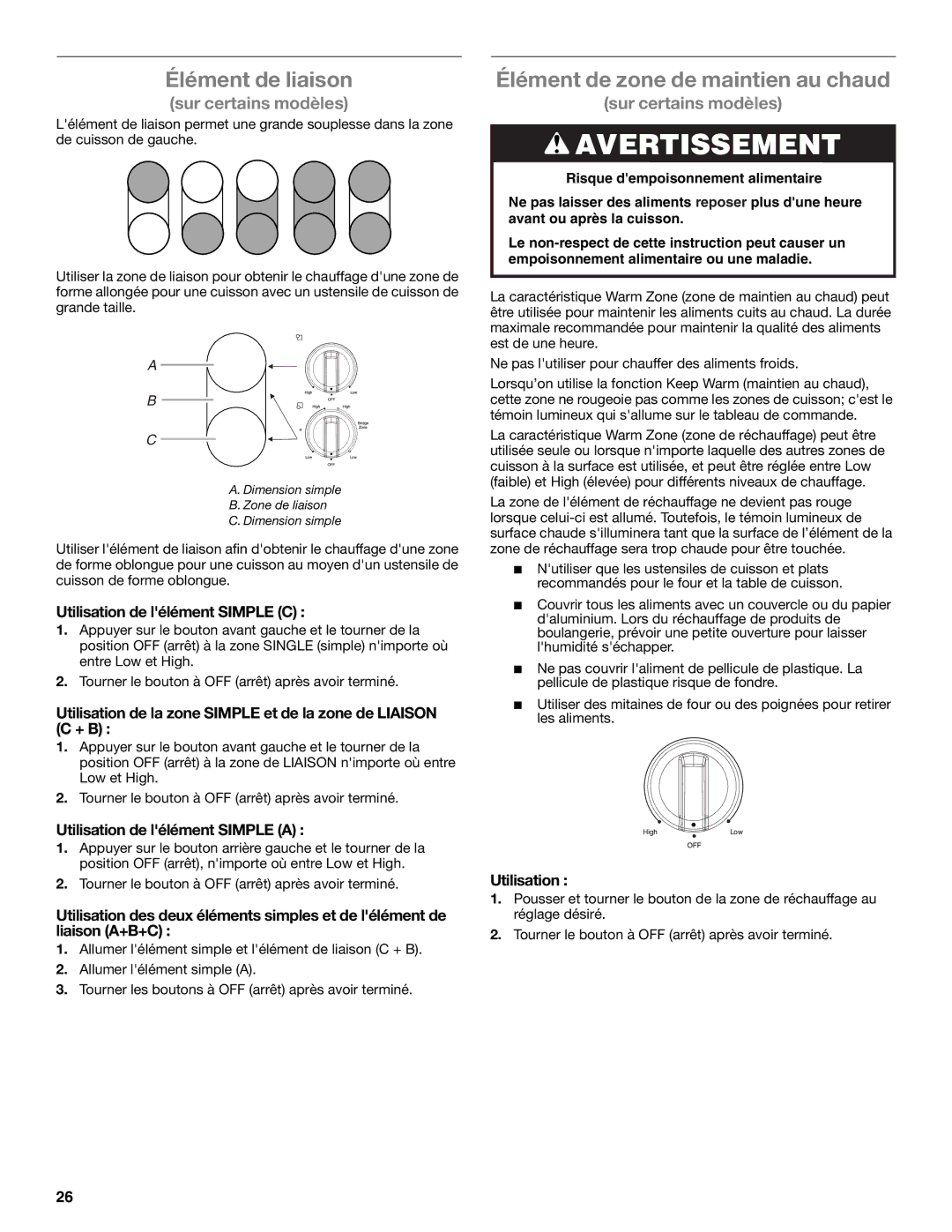 Whirlpool G7CE3635XS manual Élément de liaison, Élément de zone de maintien au chaud, Utilisation de lélément Simple C 