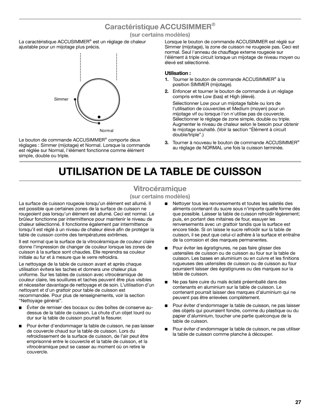 Whirlpool G7CE3034XB, G7CE3034XS, G7CE3034XP Utilisation DE LA Table DE Cuisson, Caractéristique Accusimmer, Vitrocéramique 