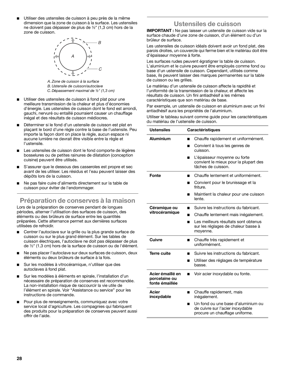 Whirlpool G9CE3675XS, G7CE3034XS, G7CE3034XP, G7CE3635XS manual Préparation de conserves à la maison, Ustensiles de cuisson 