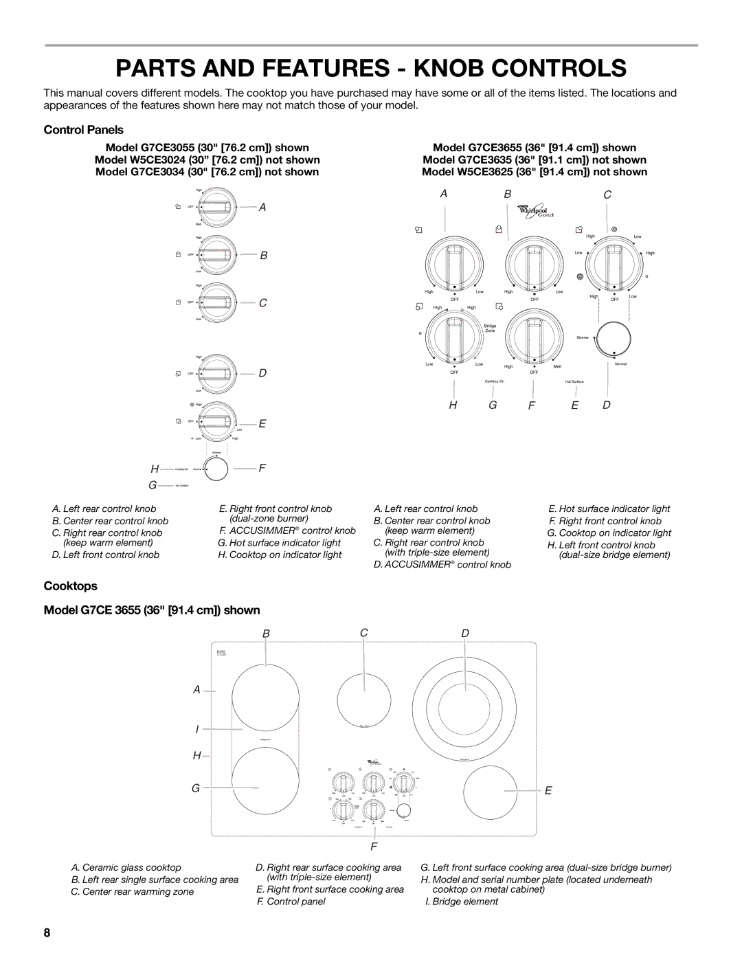 Whirlpool G7CE3034XS, G7CE3034XP, G7CE3635XS Parts and Features Knob Controls, Cooktops Model G7CE 3655 36 91.4 cm shown 