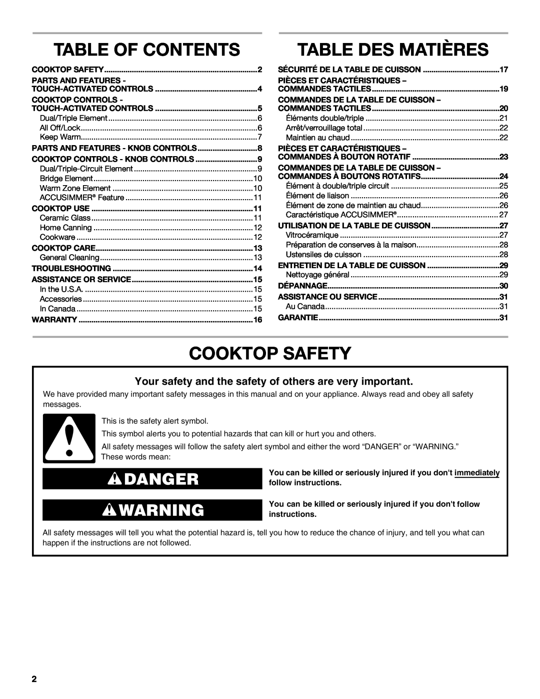 Whirlpool G7CE3635XS, G7CE3034XS, G7CE3034XP, G7CE3034XB manual Table Of Contents, Table Des Matières, Cooktop Safety, Danger 