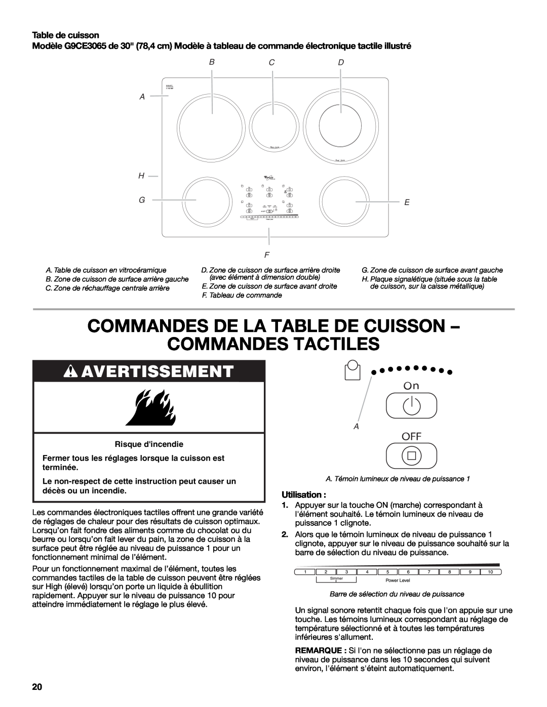 Whirlpool G9CE3675XS Commandes De La Table De Cuisson Commandes Tactiles, Avertissement, Table de cuisson, Utilisation 