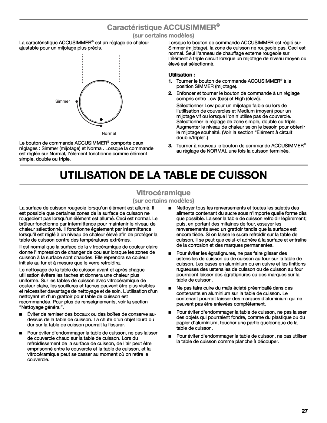 Whirlpool G7CE3034XB Utilisation De La Table De Cuisson, Caractéristique ACCUSIMMER, Vitrocéramique, sur certains modèles 