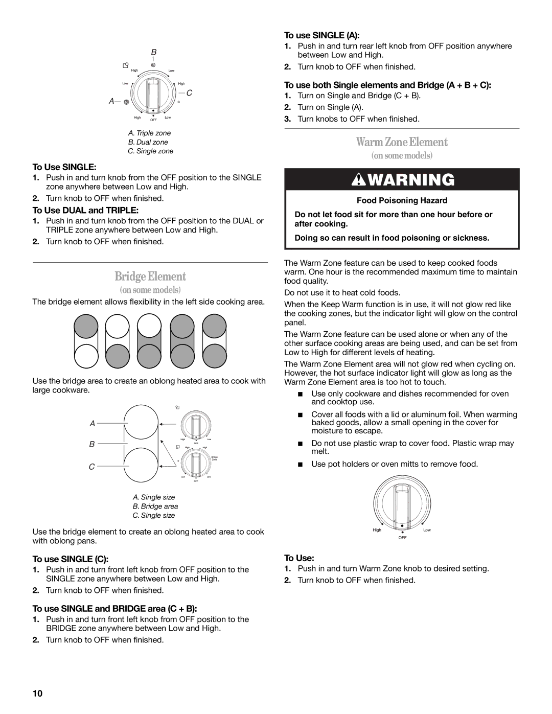 Whirlpool G7CE3055XB manual BridgeElement, WarmZoneElement 