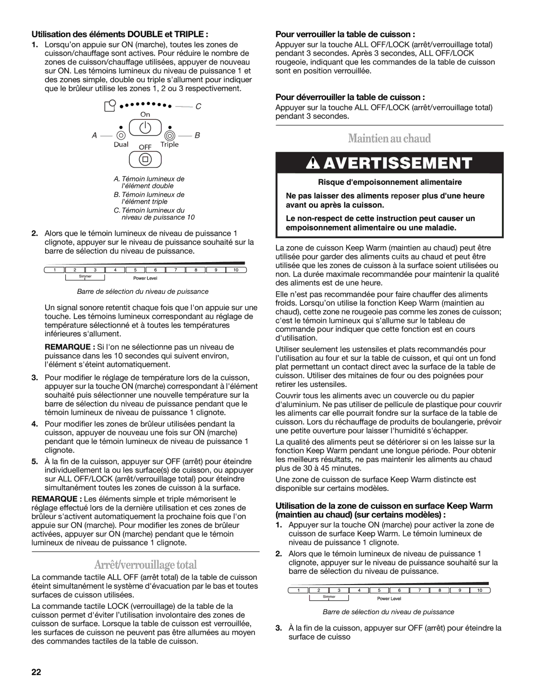 Whirlpool G7CE3055XB manual Arrêt/verrouillagetotal, Maintienauchaud, Utilisation des éléments Double et Triple 