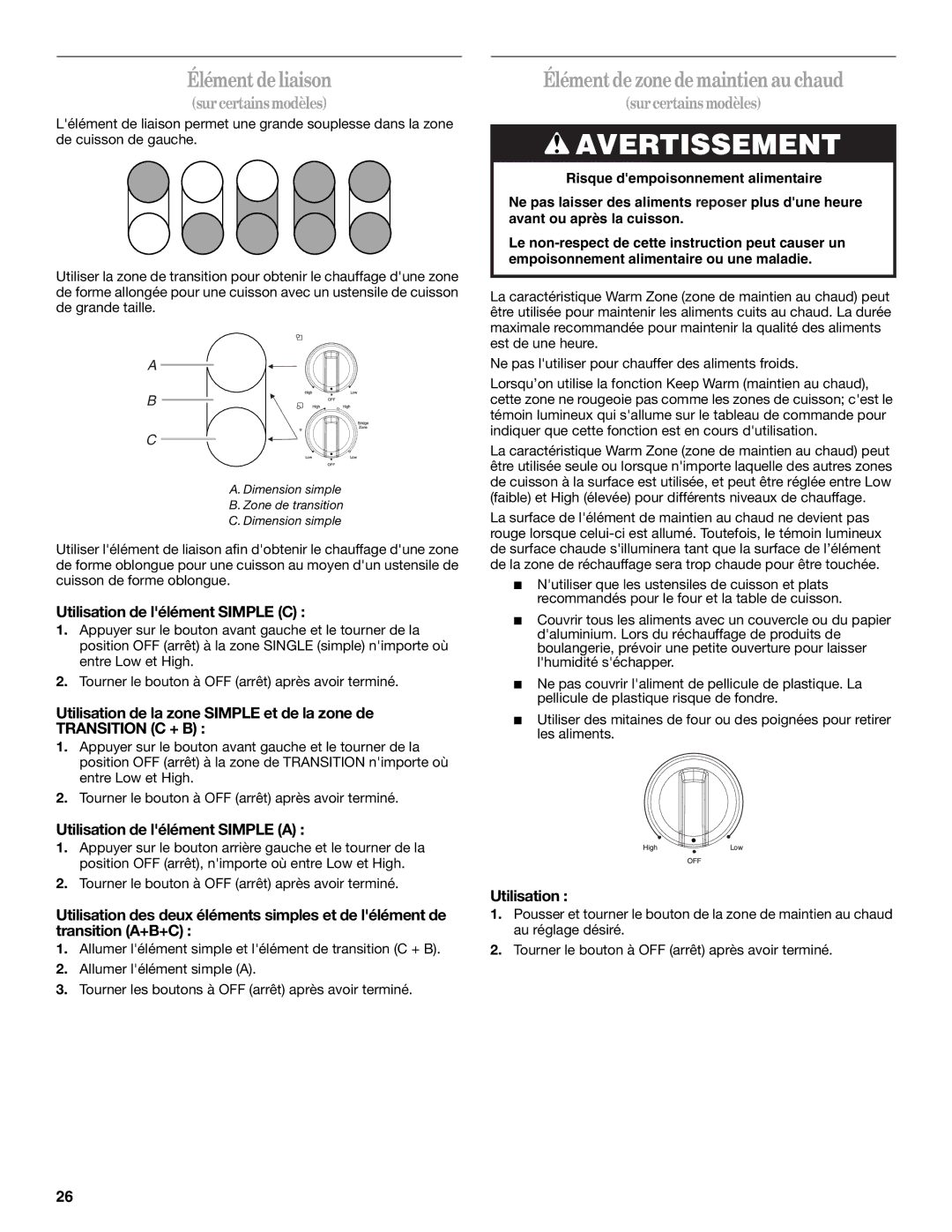 Whirlpool G7CE3055XB manual Élémentdeliaison, Élémentdezonedemaintienauchaud, Utilisation de lélément Simple C 