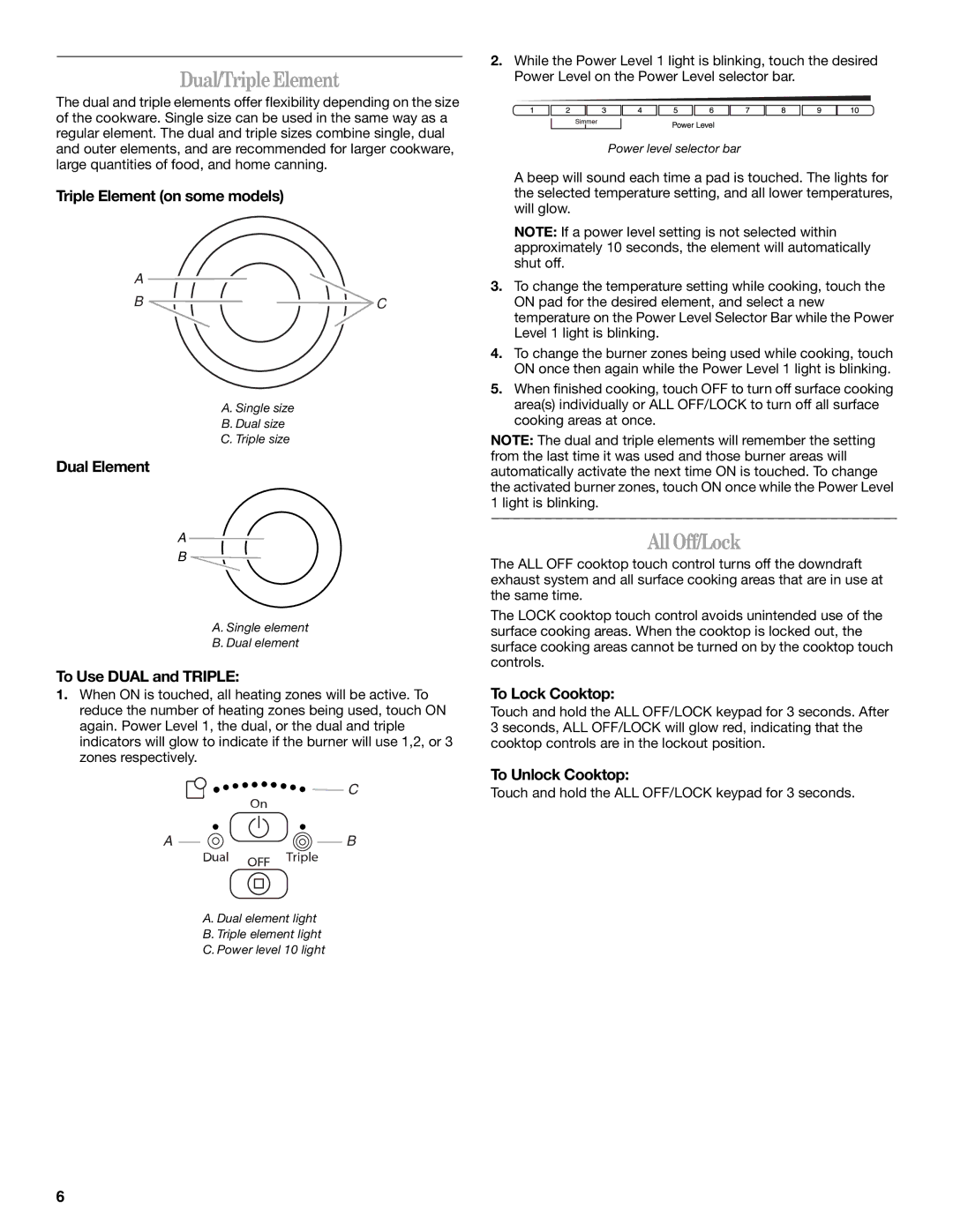 Whirlpool G7CE3055XB manual Dual/TripleElement, All Off/Lock 