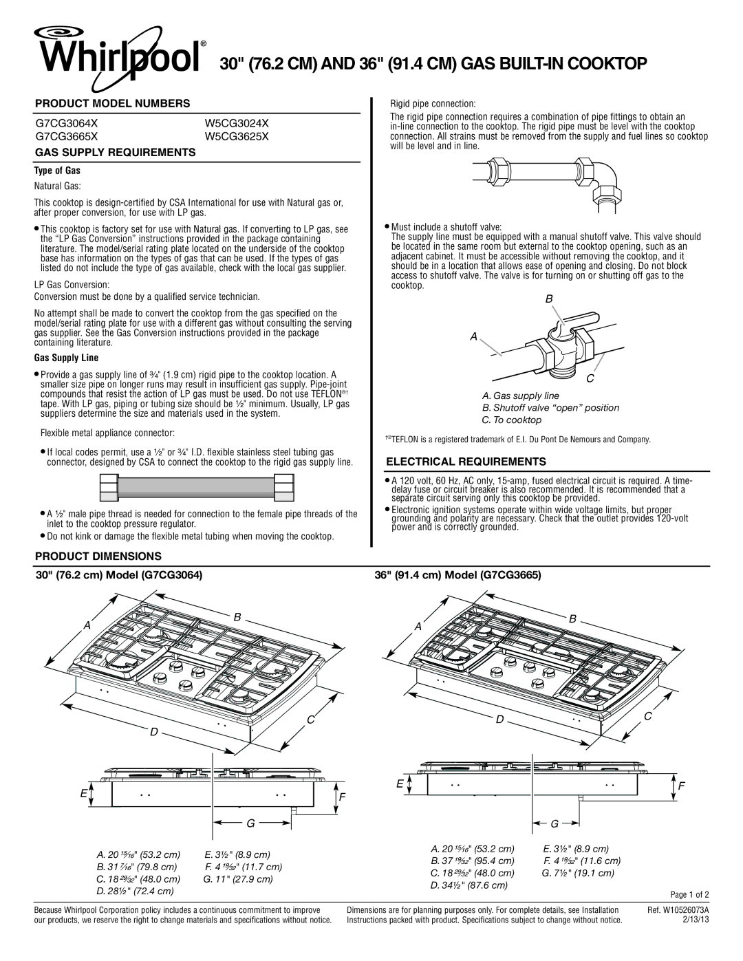 Whirlpool W5CG3024X dimensions Product Model Numbers, GAS Supply Requirements, Electrical Requirements, Product Dimensions 