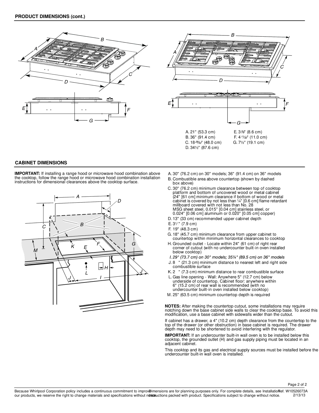 Whirlpool W5CG3625X, G7CG3064X, W5CG3024X, G7CG3665X dimensions Cabinet Dimensions, 36 91.4 cm Model W5CG3625 