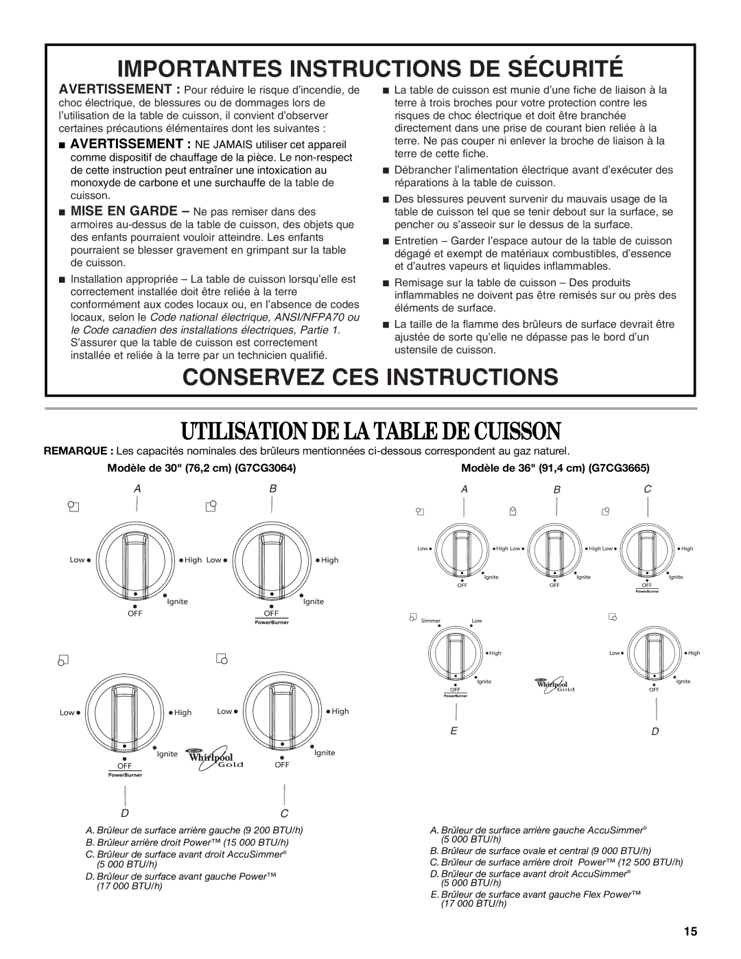 Whirlpool W5CG3625XB manual Utilisation DE LA Table DE Cuisson, Modèle de 30 76,2 cm G7CG3064 Modèle de 36 91,4 cm G7CG3665 